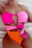 Rose Red Sexy Patchwork Hollowed Out Frenulum Backless Contrast Swimwears (With Paddings)