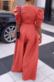 Watermelon Red Casual Solid Patchwork Fold V Neck Straight Jumpsuits