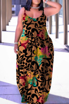 Yellow Brown Casual Print Patchwork Spaghetti Strap Lantern Skirt Plus Size Dresses
