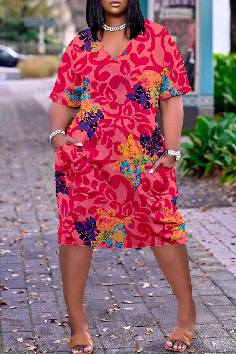 V Neck Button Short Dress Brown Patterned