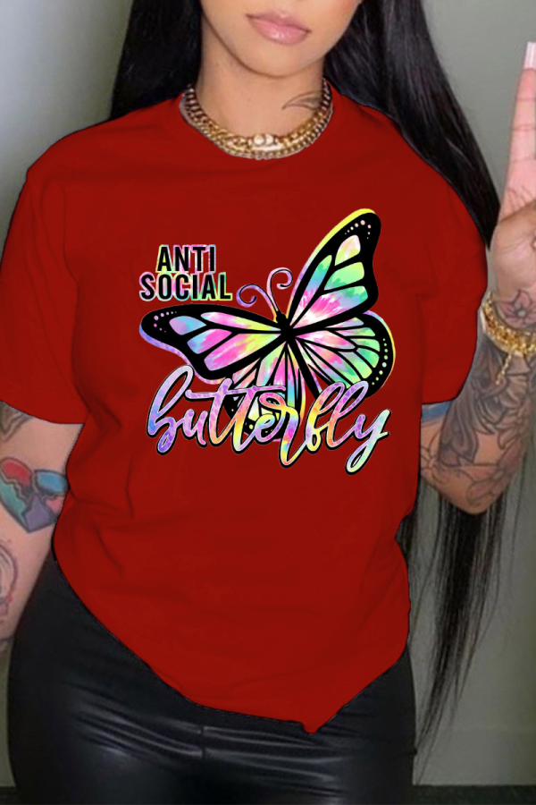Red Sexy Daily Butterfly Print Patchwork O Neck T-Shirts