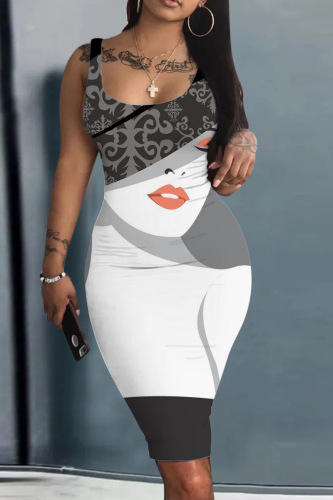 Grey Sexy Street Print Patchwork U Neck Pencil Skirt Dresses