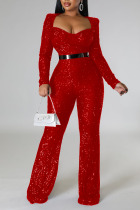 Red Sexy Solid Sequins Patchwork Without Belt Square Collar Straight Jumpsuits