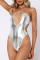 Silver Sexy Solid Bandage Patchwork Swimwears