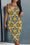 Yellow Blue Casual Print Patchwork U Neck One Step Skirt Dresses