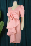 Pink Elegant Solid Patchwork Appliques V Neck Evening Dress Plus Size Dresses