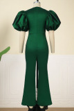 Green Casual Elegant Solid Patchwork Square Collar Plus Size Jumpsuits