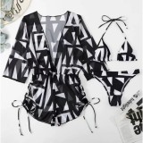 Black Sexy Print Bandage Swimsuit Three Piece Set (With Paddings)