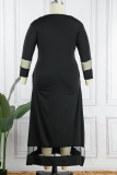 Black Casual Solid Patchwork Asymmetrical O Neck Long Sleeve Plus Size Dresses