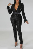 Black Sexy Solid Sequins Patchwork Feathers Turn-back Collar Skinny Jumpsuits