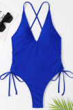 Blue Sexy Solid Bandage Patchwork Backless Swimwears
