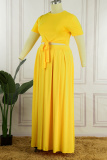 Yellow Casual Solid Bandage O Neck Plus Size Two Pieces