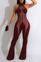 Burgundy Sexy Casual Solid Patchwork See-through Halter Skinny Jumpsuits