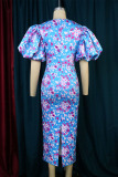 Blue Elegant Print Patchwork Square Collar Printed Dress Plus Size Dresses