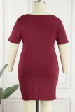 Red Casual Solid Patchwork V Neck Short Sleeve Dress Plus Size Dresses