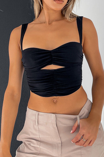 Black Sexy Solid Hollowed Out Patchwork Fold Tops