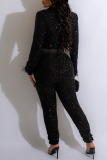 Black Sexy Solid Sequins Patchwork Feathers Turn-back Collar Skinny Jumpsuits