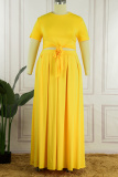 Yellow Casual Solid Bandage O Neck Plus Size Two Pieces
