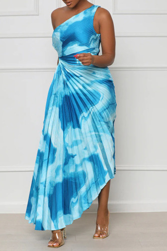 Lake Blue Sexy Elegant Print Patchwork Fold Asymmetrical Oblique Collar Irregular Dress Dresses