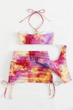 Multicolor Sexy Print Tie Dye Bandage Backless Swimwears Three Piece Set (With Paddings)