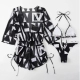 Black Sexy Print Bandage Swimsuit Three Piece Set (With Paddings)