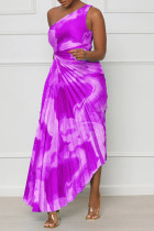 Purple Sexy Elegant Print Patchwork Fold Asymmetrical Oblique Collar Irregular Dress Dresses