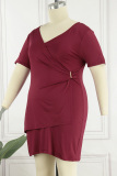 Red Casual Solid Patchwork V Neck Short Sleeve Dress Plus Size Dresses