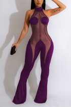 Purple Sexy Casual Solid Patchwork See-through Halter Skinny Jumpsuits