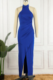 Blue Sexy Solid Backless Slit Halter Long Dress Dresses