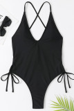 Black Sexy Solid Bandage Patchwork Backless Swimwears