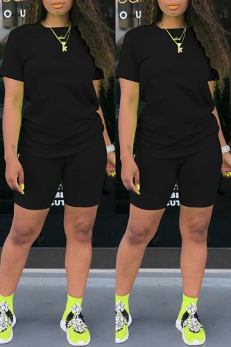Black Casual Solid Basic O Neck Short Sleeve Two Pieces
