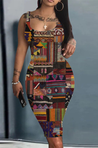 Colour Casual Print Patchwork U Neck One Step Skirt Dresses