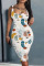Black Gray Casual Print Patchwork U Neck One Step Skirt Dresses