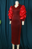 Red Elegant Solid Patchwork Fold V Neck One Step Skirt Plus Size Dresses