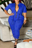 Plus Size Tangerine Red Casual Street Solid Patchwork Pocket Zipper Collar Jumpsuits