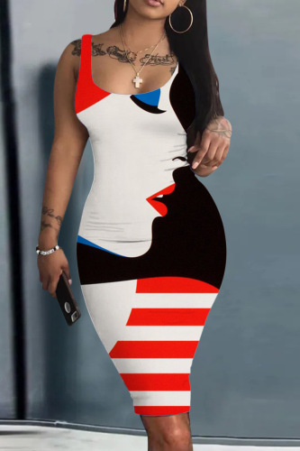 Red White Sexy Street Print Patchwork U Neck Pencil Skirt Dresses