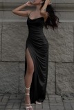 Black Sexy Solid Backless Slit Spaghetti Strap Long Dress Dresses