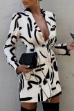 Cream White Casual Print Patchwork Turn-back Collar Long Sleeve Dresses