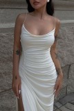White Sexy Solid Backless Slit Spaghetti Strap Long Dress Dresses