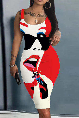 Red Sexy Street Print Patchwork U Neck Pencil Skirt Dresses