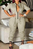 Plus Size Blue Casual Street Solid Patchwork Pocket Zipper Collar Jumpsuits