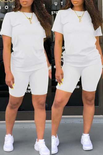 White Casual Solid Basic O Neck Short Sleeve Two Pieces