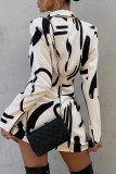 Cream White Casual Print Patchwork Turn-back Collar Long Sleeve Dresses