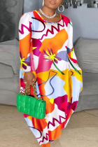 Plus Size Tangerine Red Casual Print Basic O Neck Long Sleeve Dresses