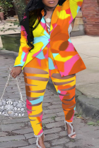 Plus Size Orange Yellow Casual Street Print Hollowed Out Patchwork Buttons Turn-back Collar Two Pieces