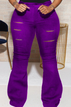 Purple Casual Solid Hollowed Out Patchwork Turtleneck Plus Size