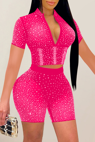 Rose Red Sexy Patchwork Hot Drill Zipper Collar Long Sleeve Two Pieces
