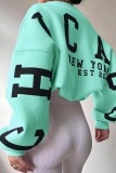 Green Casual Letter Print Basic O Neck Tops