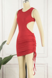 Tangerine Red Sexy Solid Hollowed Out Patchwork Backless O Neck Pencil Skirt Dresses