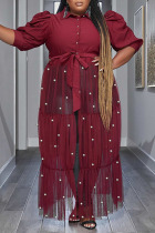 Burgundy Casual Solid Bandage Patchwork Buckle Beading Turndown Collar Straight Plus Size Dresses